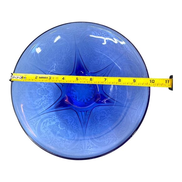 Vintage Hazel Atlas Royal Lace Cobalt Blue Etched Glass Footed Bowl 10" Serving - Picture 6 of 6